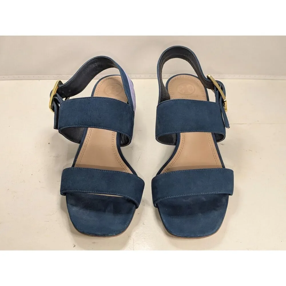 Tory Burch Teal and Light Blue Block Heel Sandals with Gold Buckle